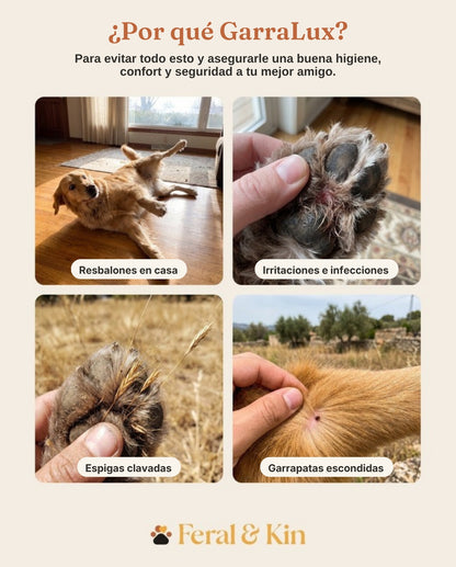 ¿Por qué GarraLux? Para evitar resbalones, irritación, espigas y garrapatas