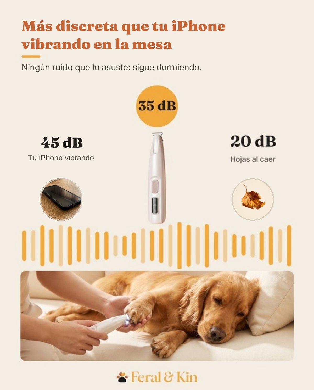 Más discreta que tu iPhone vibrando: 45 dB iPhone, 35 dB GarraLux, 20 dB una hoja al caer